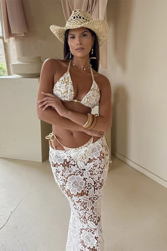 Dreiteiliges Badeset mit Spitzen-Neckholder