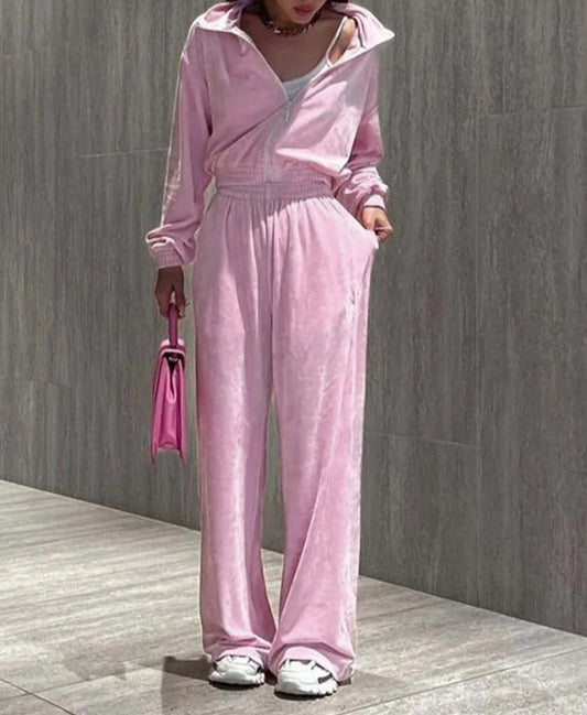 Pink Knitting Zipper Straight Trousers Office Two Piece Set