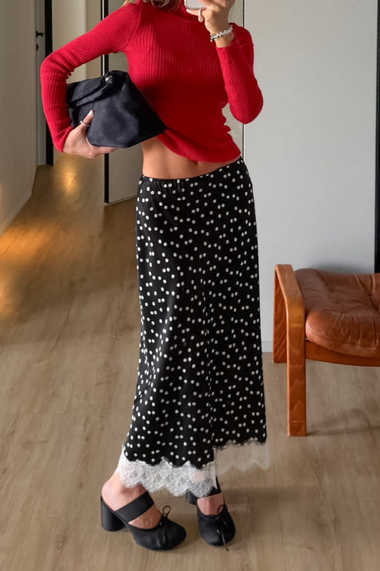 Polka-Dot Lace-Hem Maxi Skirt