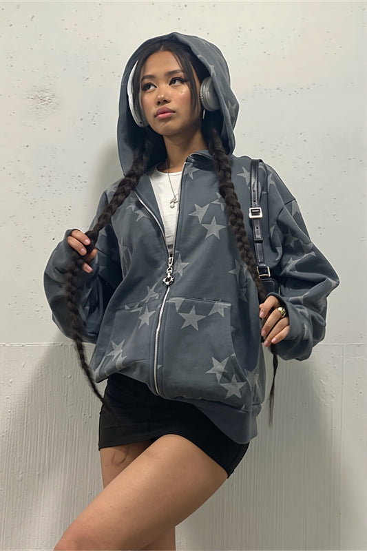 Star Print Oversize Pocket Zip Hoodie