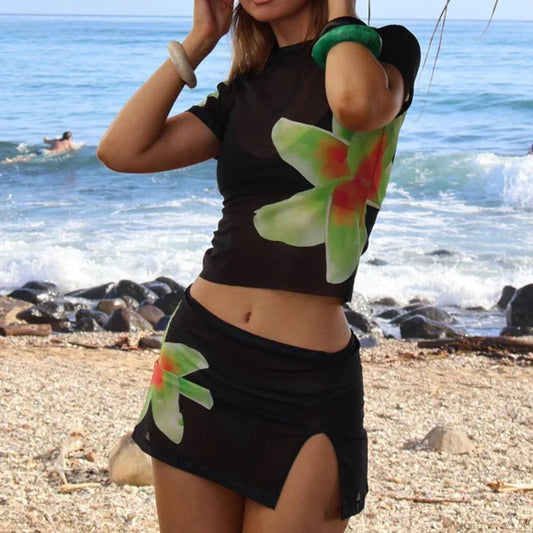 Beach Holiday 2 Piece Floral Print Sheer Mesh Short Sleeve T-Shirt + Mini A-Line Skirt Women Summer Cover-ups Crop Tops