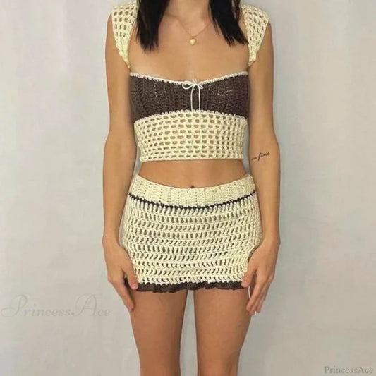 Beach Holiday 2 Piece Sets Crochet Hollow Out Crop Tops Backless Tie Up Knitted Tank Tops + Mini Pencil Skirt Y2K