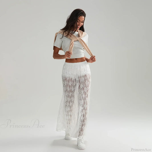 Beachwear Floral Lace Lotus Edge Perspective Long Skirt WHITE / S skirt-250126