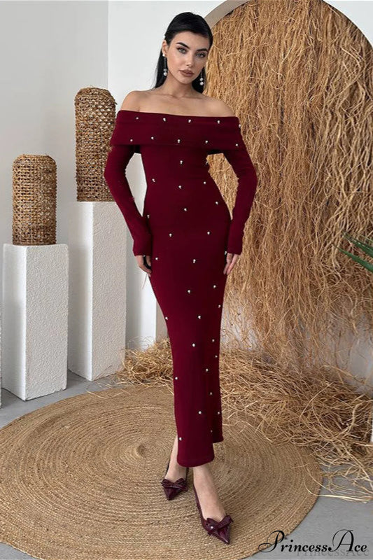 Beaded Off Shoulder Backless Long Party Dress Burgundy / S