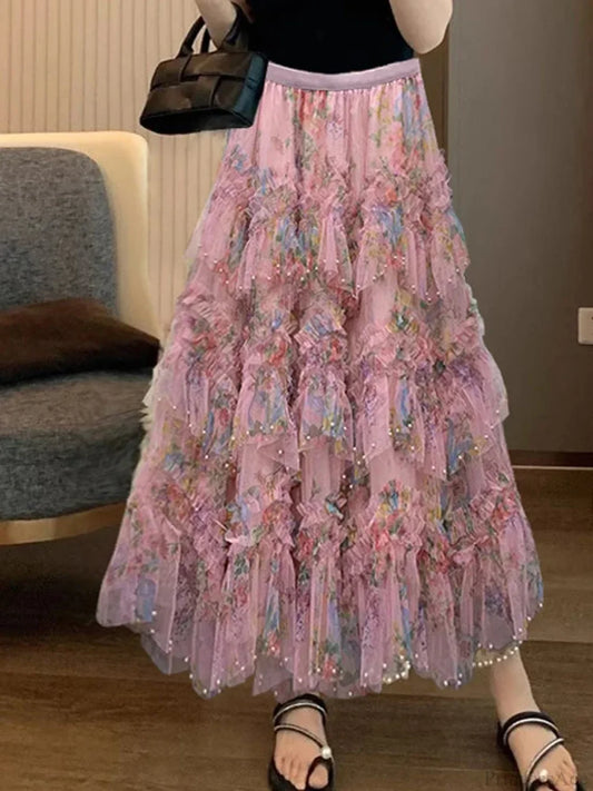 Beading Elegant Asymmetrical Mesh Tulle Skirt Pink / One Size skirt-250126