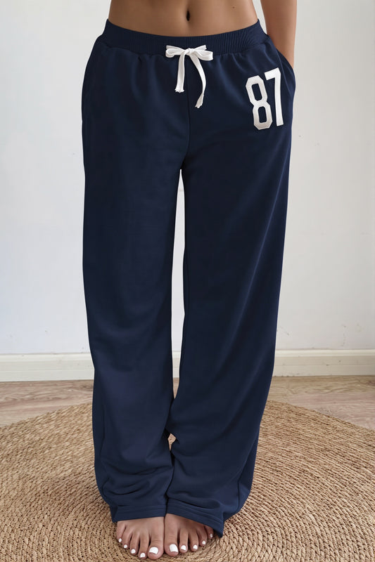 Number Print Drawstring Fitted Pants