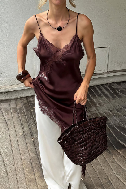 Lace Trim Patchwork Low Cut Asymmetrical Slit Cami Top