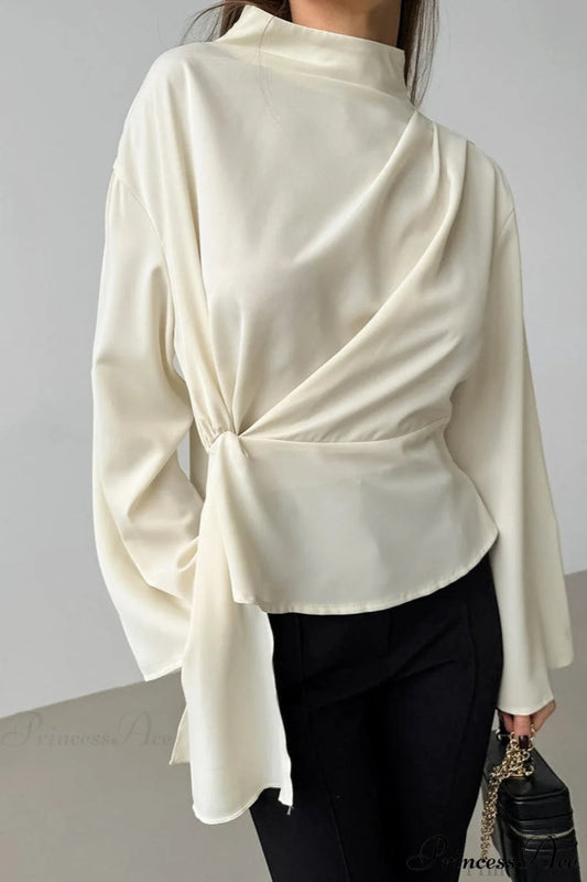 Beige Chiffon Tie Waist Flared Sleeve Blouse