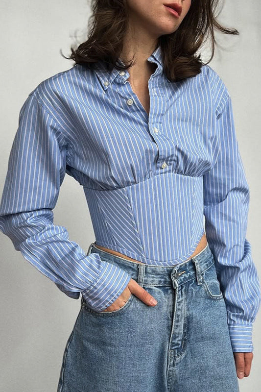 Striped Waist Cinched Collared Short Blouse