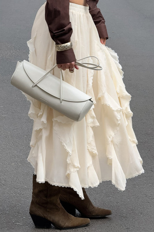 Apricot Ruffle Chic Lace Trim Skirt
