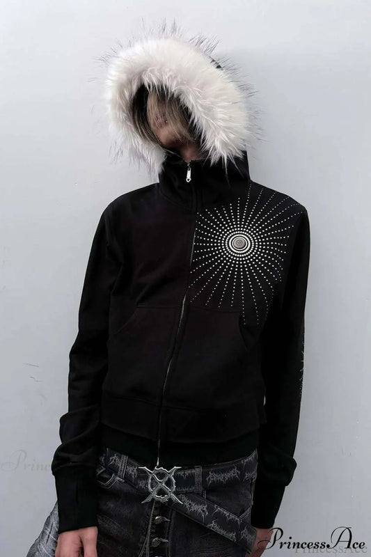 Big Fur Hood Print Zip-Up Hoodie