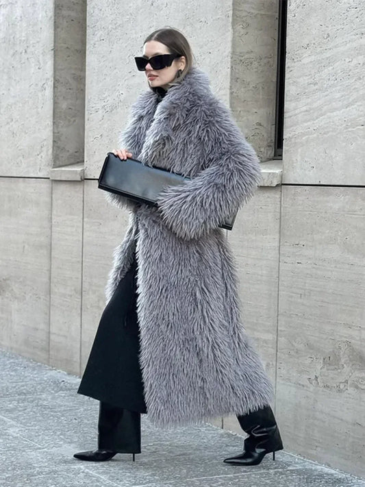 Big Lapel Long Fox Fur Coat GREY / S