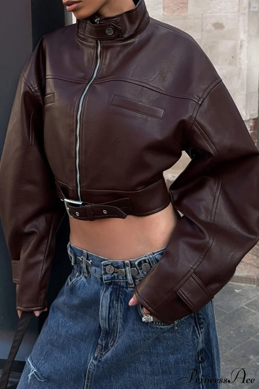Biker Retro Leather Zip Stand Collar Short Jacket Brown / S