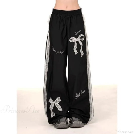 Black Bow Lace Y2K Women Vintage Pants