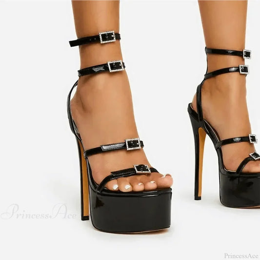 Black Round Head Platform Peep Toe Rhinestone Beltbuckle Strap 16Cm Thin High Heels Wedding Banquet