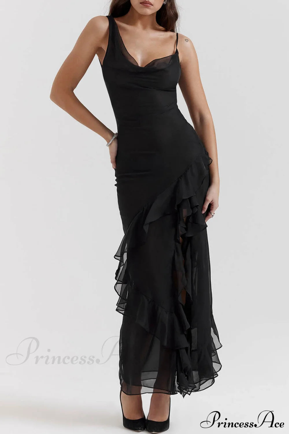 princess ace dress Black Ruffle Stylish Maxi Dress – PrincessAce