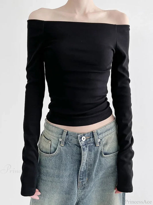 Black Slash Neck Elegant Long Sleeve Slim Knit Top Black / S knittop-250126