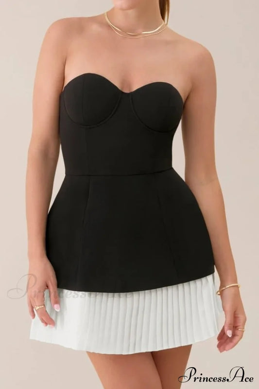Black Strapless Graceful A-Line Pleated Minidress Xxs Dresses