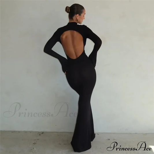 Black Turtleneck Backless Maxi For Women Elegant Evening Trumpet Sleeves 2024 Autumn Bodycon Long