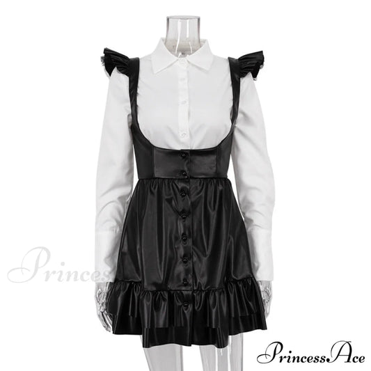 Black-White Contrast Long-Sleeve Skirt Suit Black / S