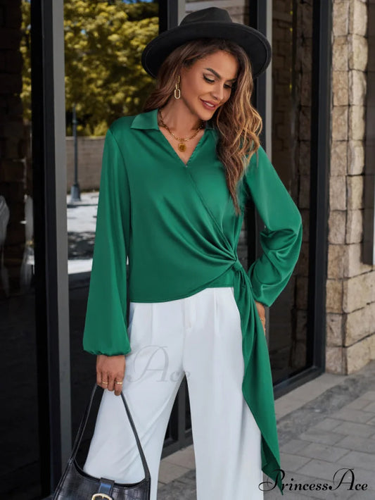 Casual V-neck trendy streamer Long Sleeve Satin Shirt, womens Top Green black jasper clothes long sleeve shirt long sleeve shirts long sleeve top long sleeve tops shirt shirts top tops