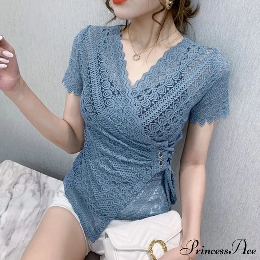 Blouse Lace Hollow Tops Size Out Plus Sexy Warm-Season V-Neck 5Xl Women Arm Brief Blusas Blue 6055