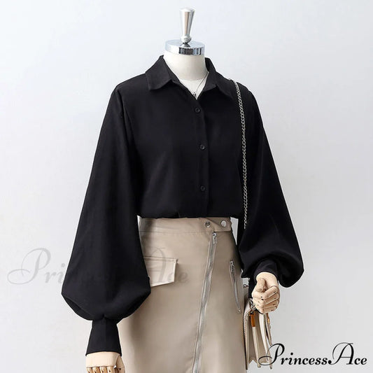 Blouse Lantern Women’s White Sleeves Button Up With Vintage Black / S China