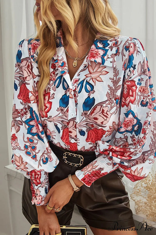 Blouse Neckline Flowered Bohemian Button-Up Top White / S Tops/Blouses & Shirts