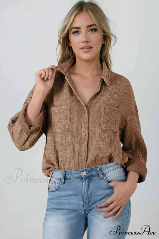 Textured Button Down Shirt Taupe button down shirt clothes Ship From Overseas shirt SYNZ top