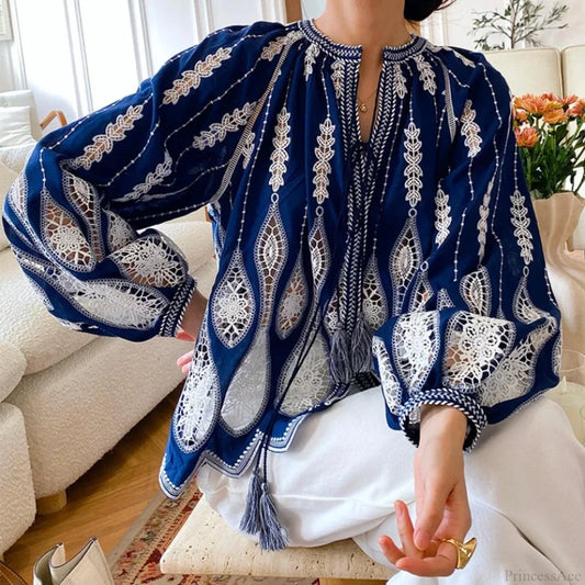 Blue Embroidery Lantern Sleeve Ethnic Boho Blouse