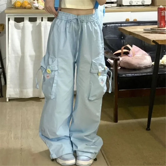 Blue Sweet Embroidered Casual Japanese Trend Pant Blue / XS pant-250223
