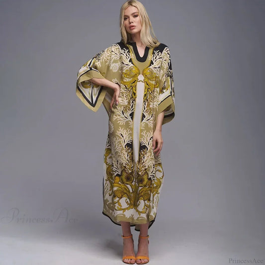 Boho Floral Print Beach Cover Up Gold / One Size