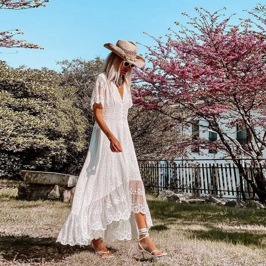 Boho Loose Summer Dress Vintage Deep V Floral Print bohodress-250126