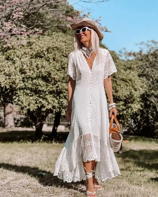 Boho Loose Summer Dress Vintage Deep V Floral Print White / S bohodress-250126