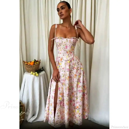 Boho Pink Floral Print Cotton Strapless Dress