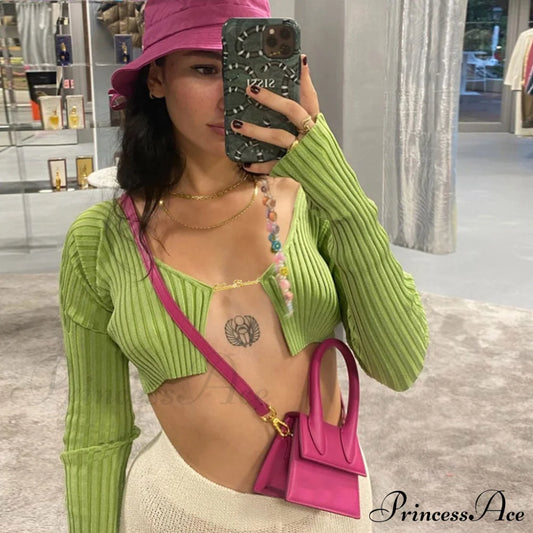 Bold Letter Chain Open Front Long Sophisticated Sleeve Ribbed Crop Cardigan - Black S / Green