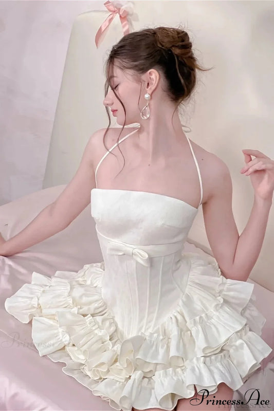 Boned Bow Lace-Up Mini Tulle Party Dress White / S