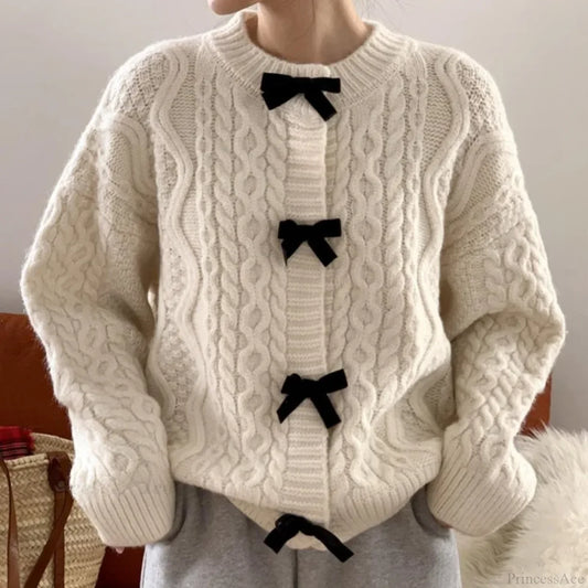Bow Sweater Autumn Winter Knit Cardigan Beige / One Size Cardigan-241208
