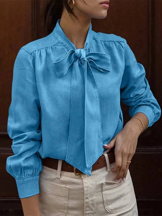 Bowtie Neck Pleating Blouse Casual Chic Blouse Blue / S blouse-250126