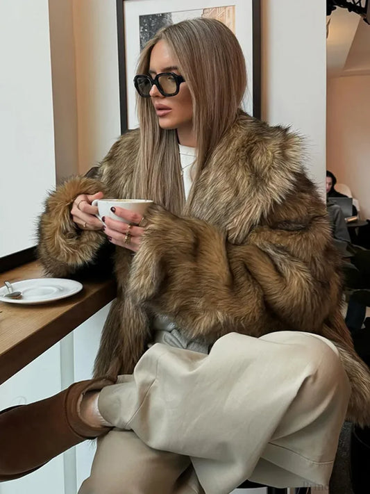 Brown Oversized Plush Furry Lapel Coat Brown / S