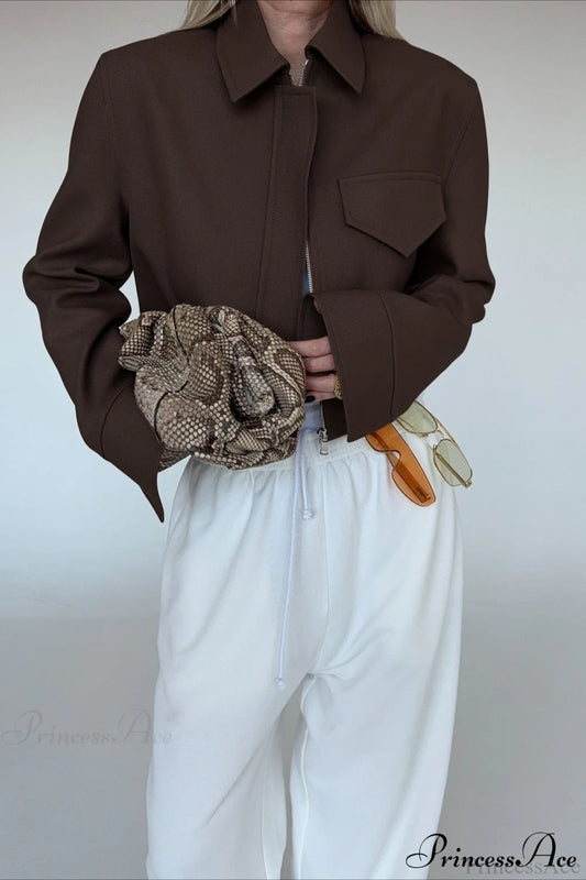 Brown Zip Short Jacket Chic Coat Brown / S