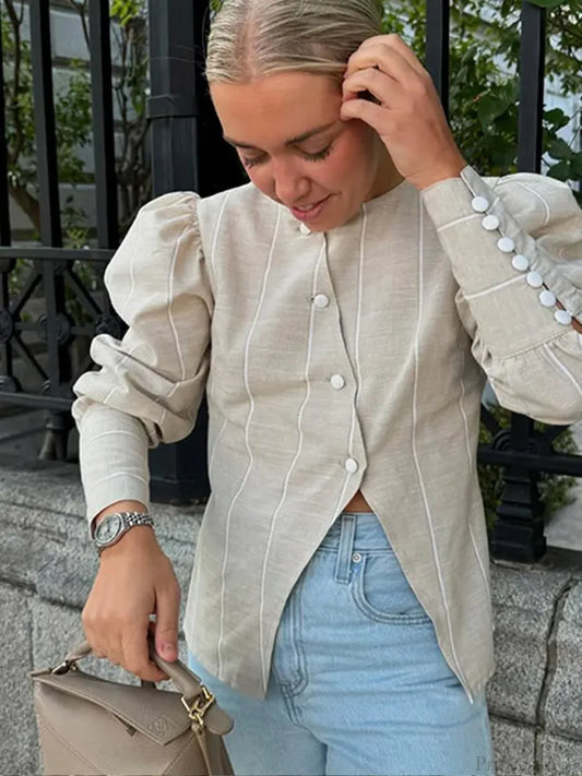 Bubble Sleeve Slanted Button Stripe Blouse White / S blouse-250223