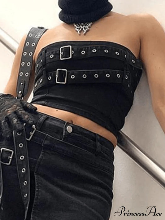 Buckle Belt Strapless Trendy Denim Mini Dress Black / S Tops&Tees