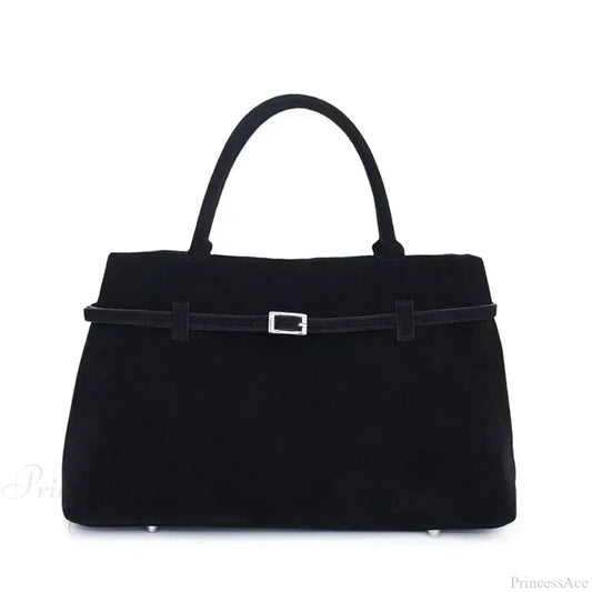 Buckle Decorative Faux Suede Hasp Large Tote Handbag Black handbag-250126