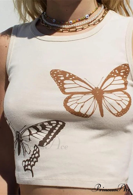 Butterfly Print Graceful Crop Tank Top Khaki / S Tops&Tees