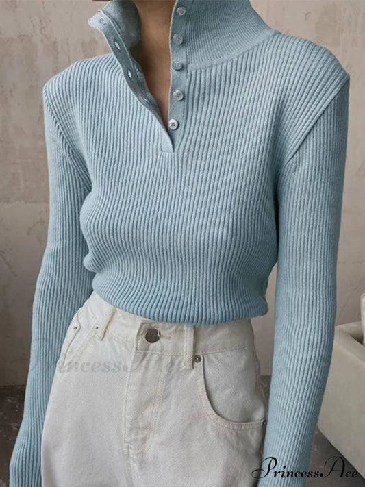 Button Up Collar Trendy Ribbed Knit Top Lightblue / Xs Sweaters-L