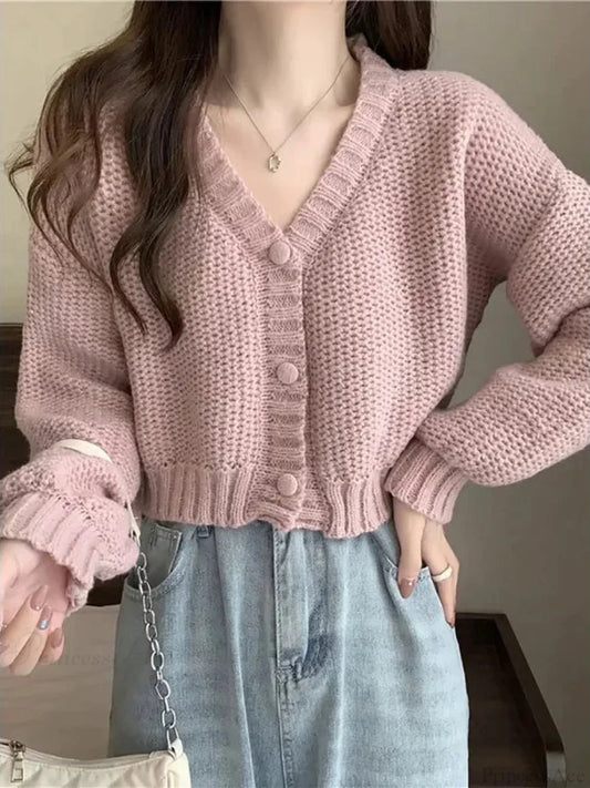 Button-Up V-Neck Sweet Casual Knit Cardigan Pink / One Size cardiagn-250126
