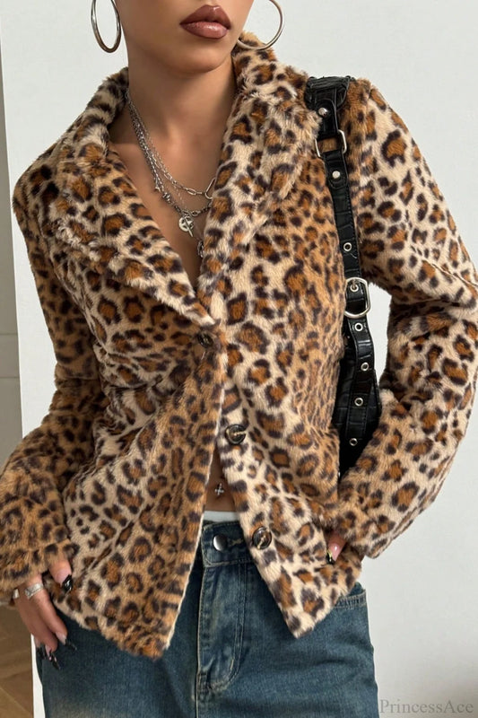 Buttoned Turn-Down Collar Thickened Leopard Coat Leopard print / S