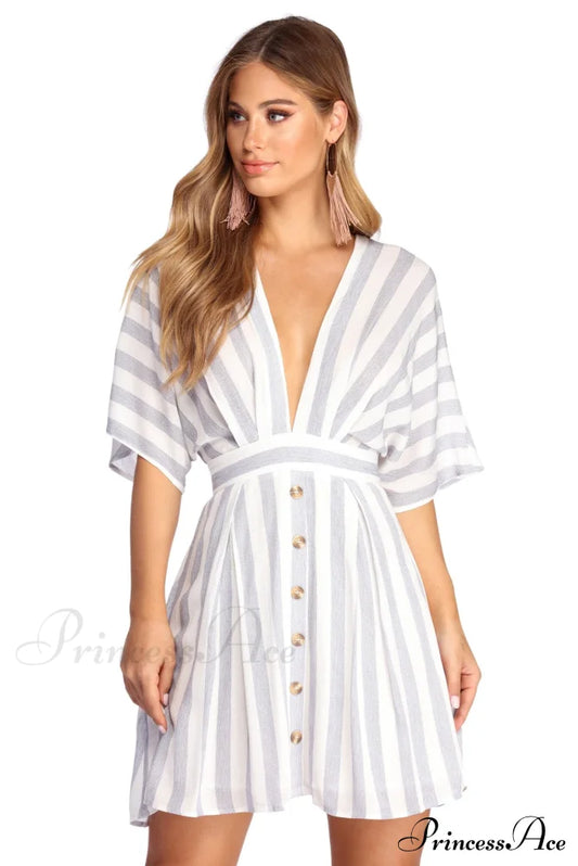 Buttoned Up Stylish In Stripes Dress Blue / S Casual Dresses