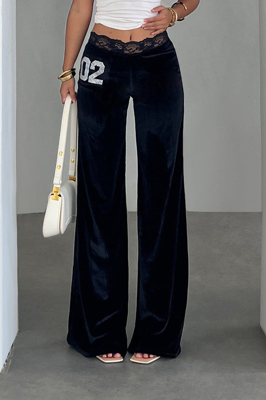 Rhinestone Lace Waist Patchwork Velvet Pants